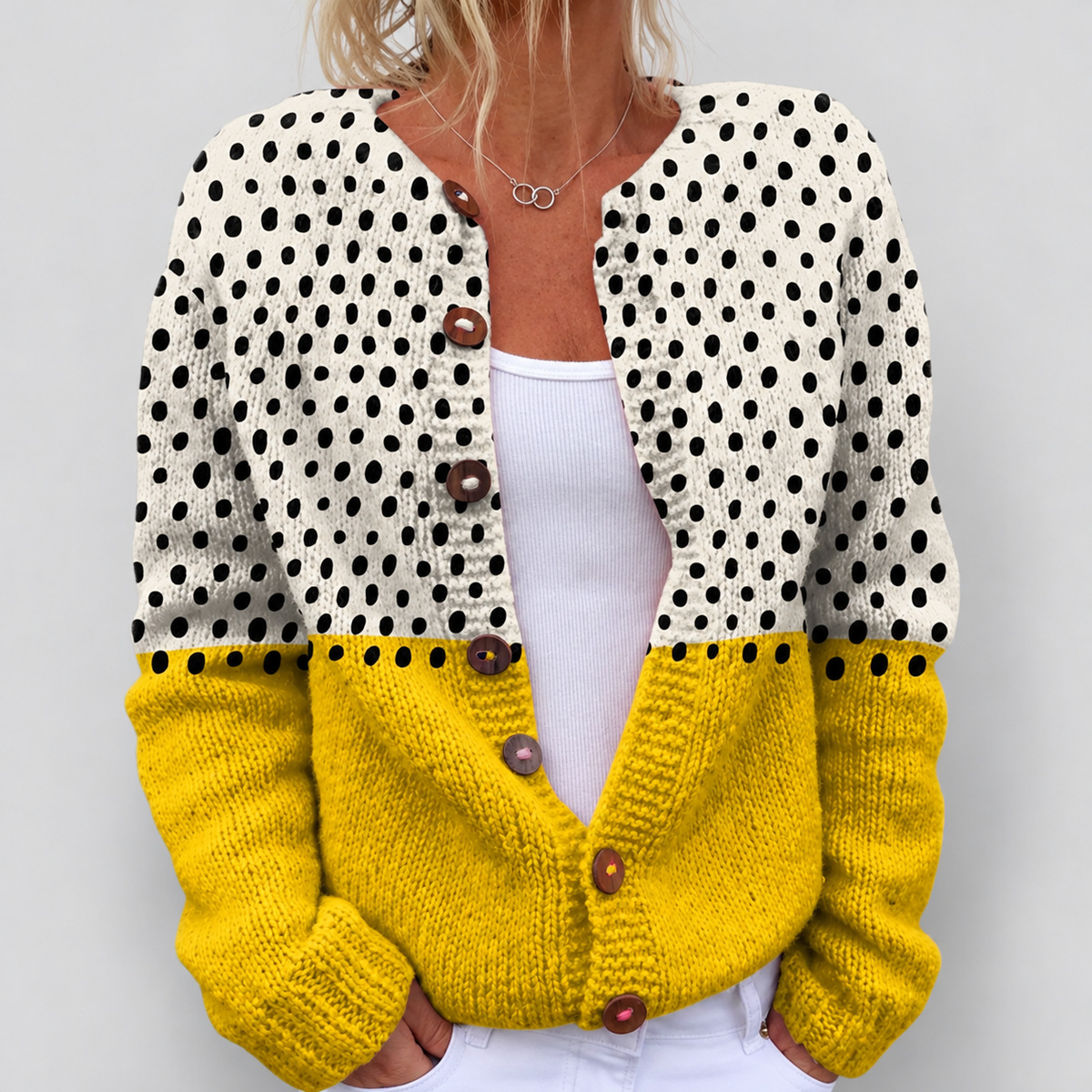 Women's Polka-Dot Colour-Block Button-Front Cardigan in Multi-Coloured — view 1