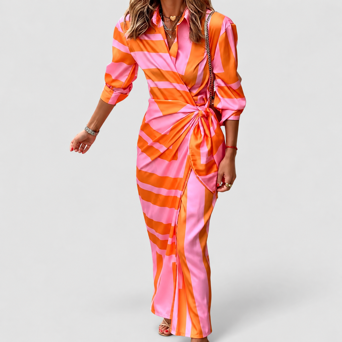 Women's Long-Sleeve Floral Midi Wrap Dress with Tie Waist in Orange/Pink — view 2
