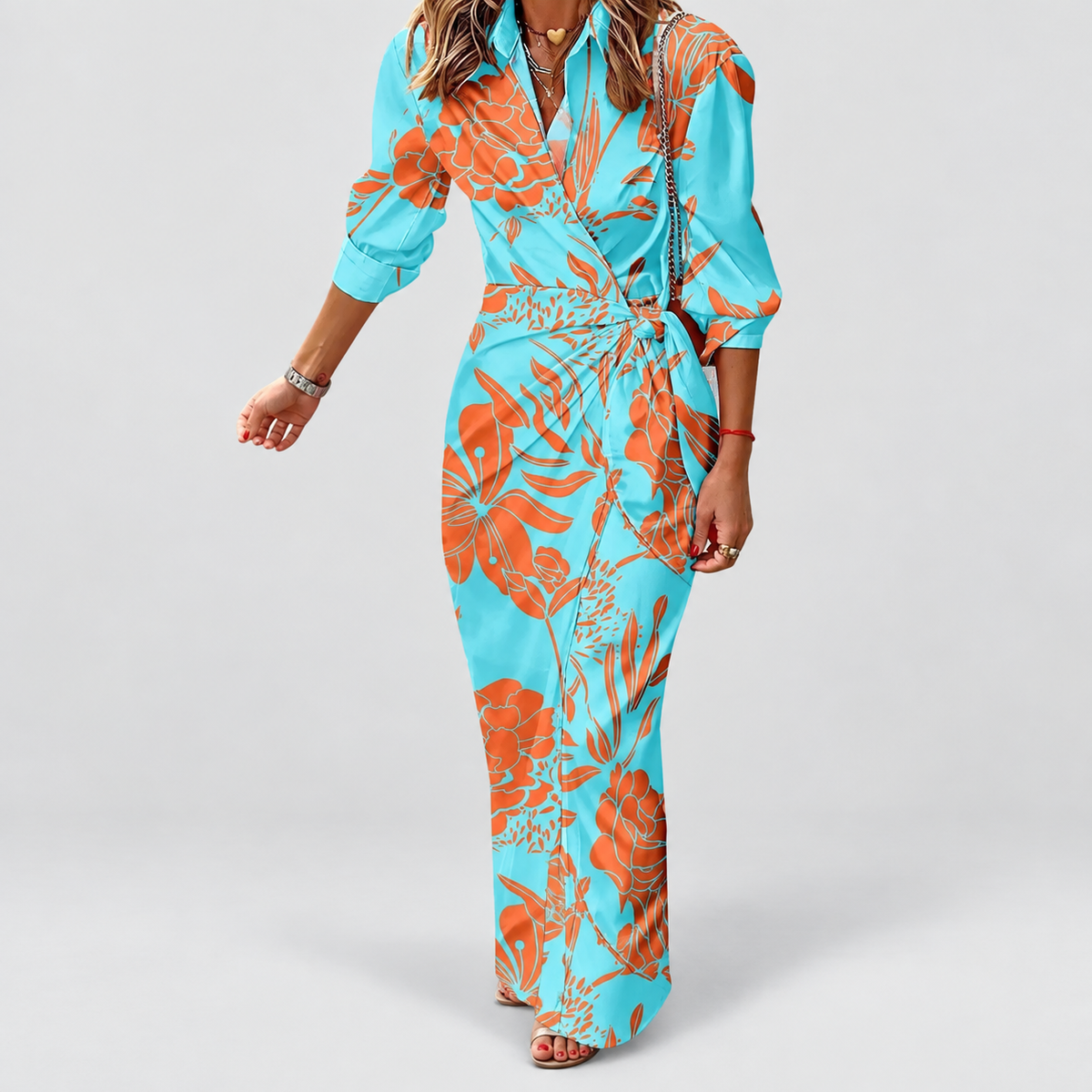 Women's Long-Sleeve Floral Midi Wrap Dress with Tie Waist in Light Blue — view 3
