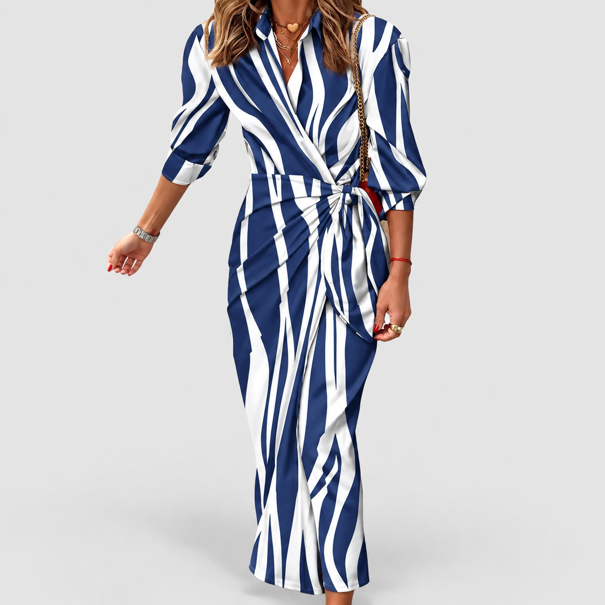 Women's Long-Sleeve Floral Midi Wrap Dress with Tie Waist in Blue/White — view 4