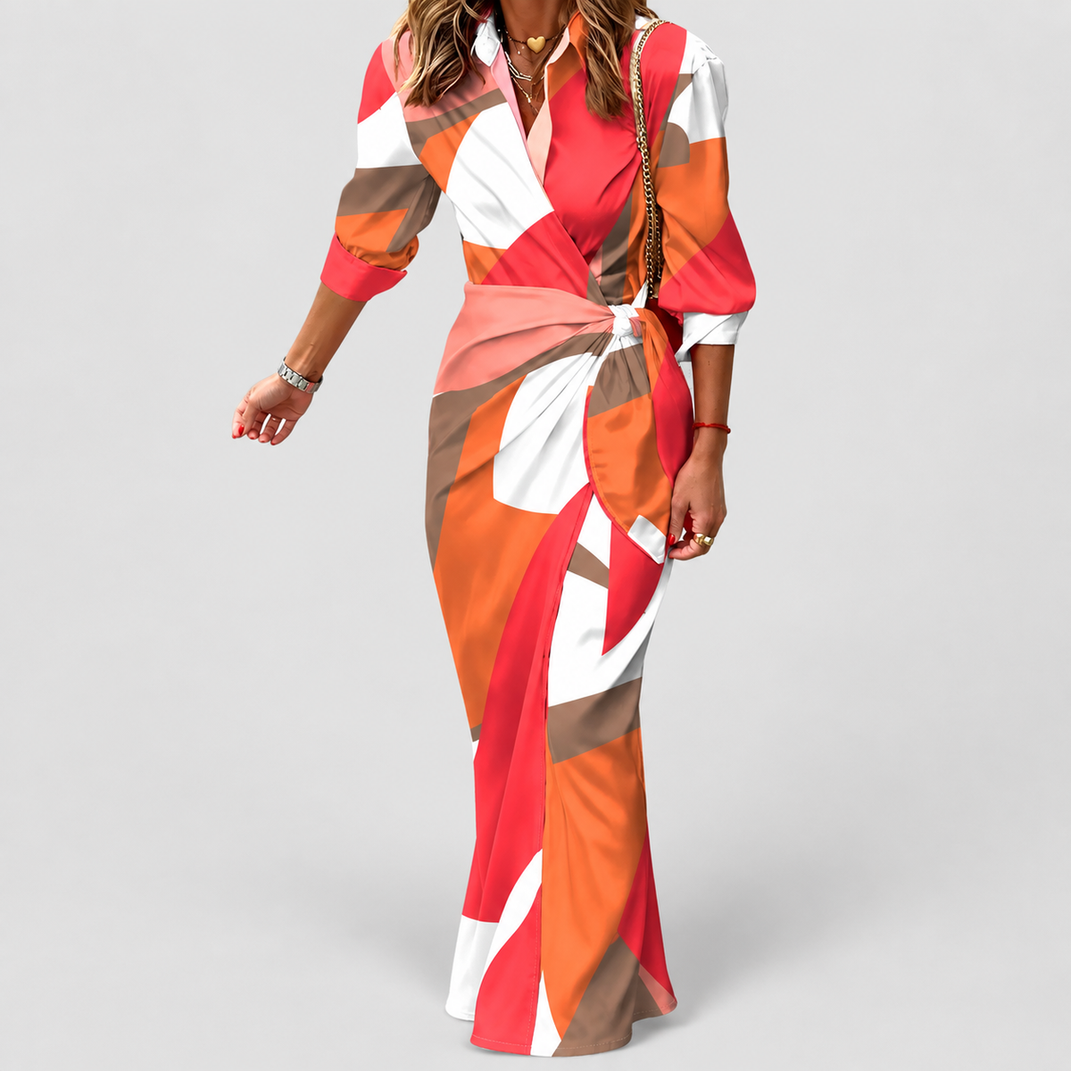 Women's Long-Sleeve Floral Midi Wrap Dress with Tie Waist in Multicolor — view 5