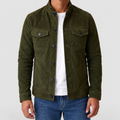 Men's Button-Up Suede-Look Trucker Jacket in Green — view 1