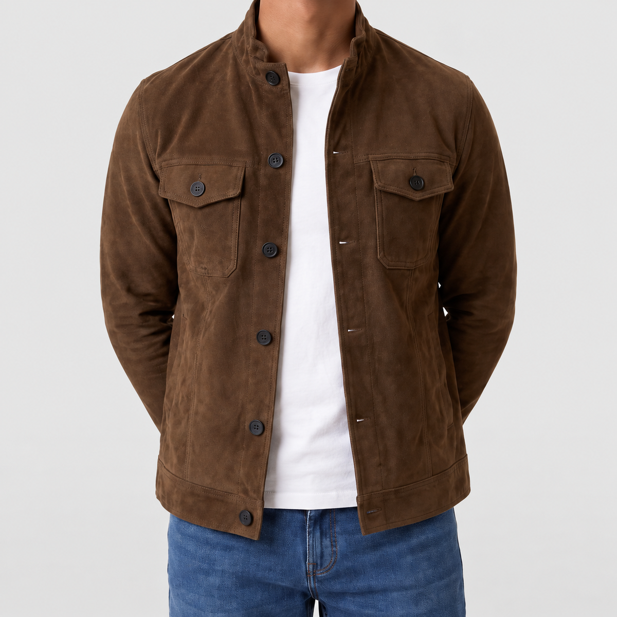 Men's Button-Up Suede-Look Trucker Jacket in Dark Brown — view 3