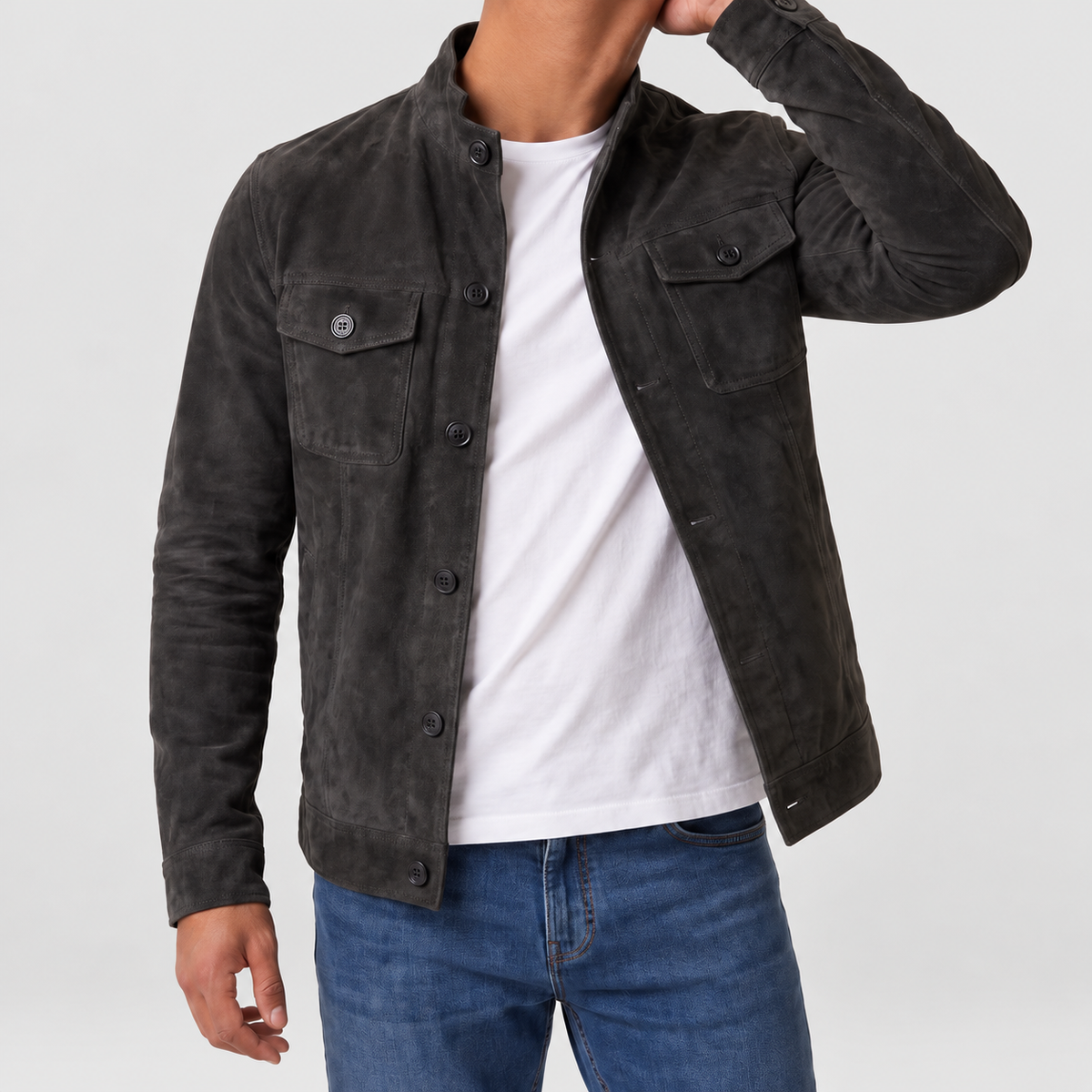 Men's Button-Up Suede-Look Trucker Jacket in Black — view 4