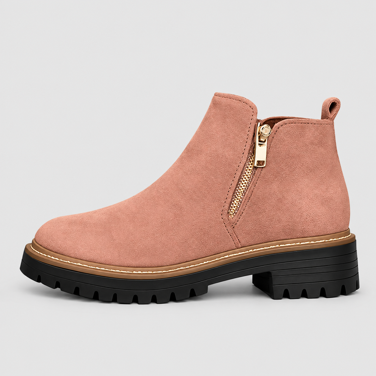 Women's Zip-Up Ankle Boots with Low Block Heel in Pink — view 3
