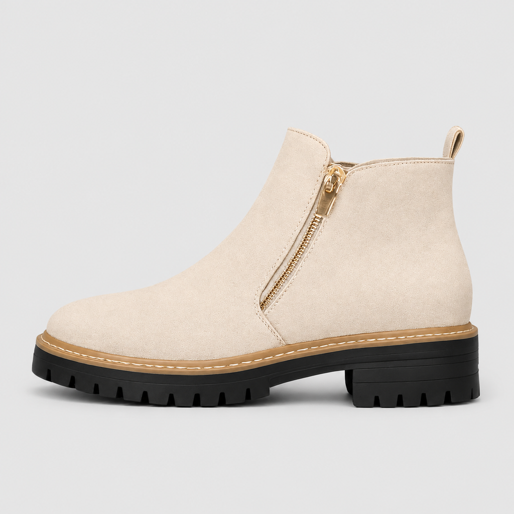 Women's Zip-Up Ankle Boots with Low Block Heel in Beige — view 4