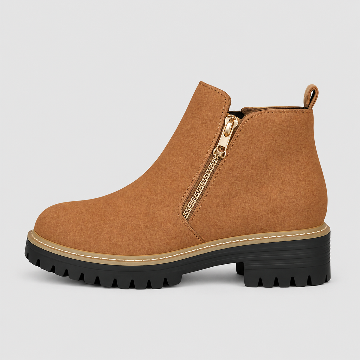 Women's Zip-Up Ankle Boots with Low Block Heel in Brown — view 7
