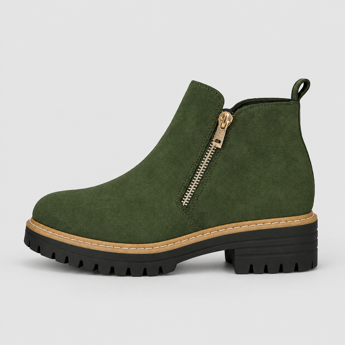 Women's Zip-Up Ankle Boots with Low Block Heel in Green — view 10