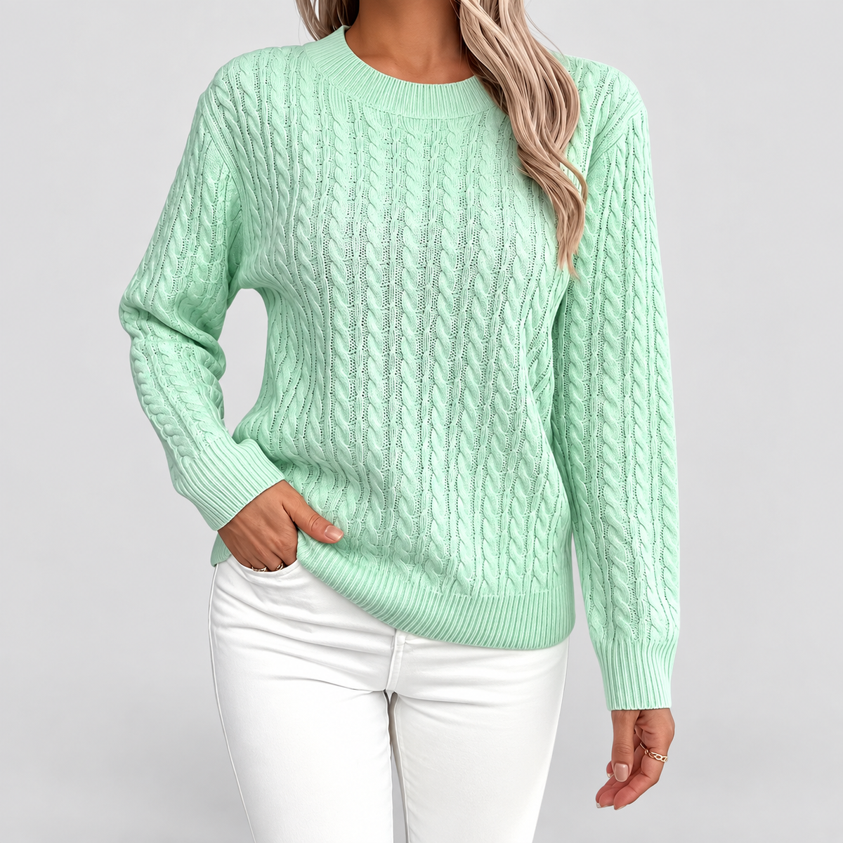 Women's Cable-Knit Crew-Neck Jumper in Green — view 2