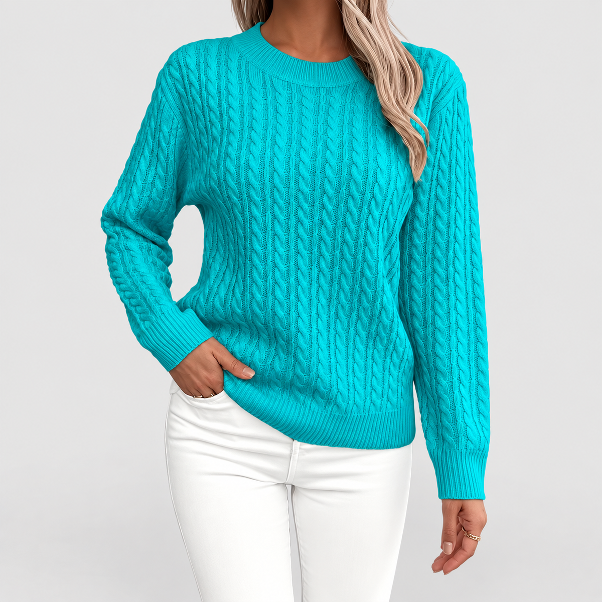 Women's Cable-Knit Crew-Neck Jumper in Blue — view 7