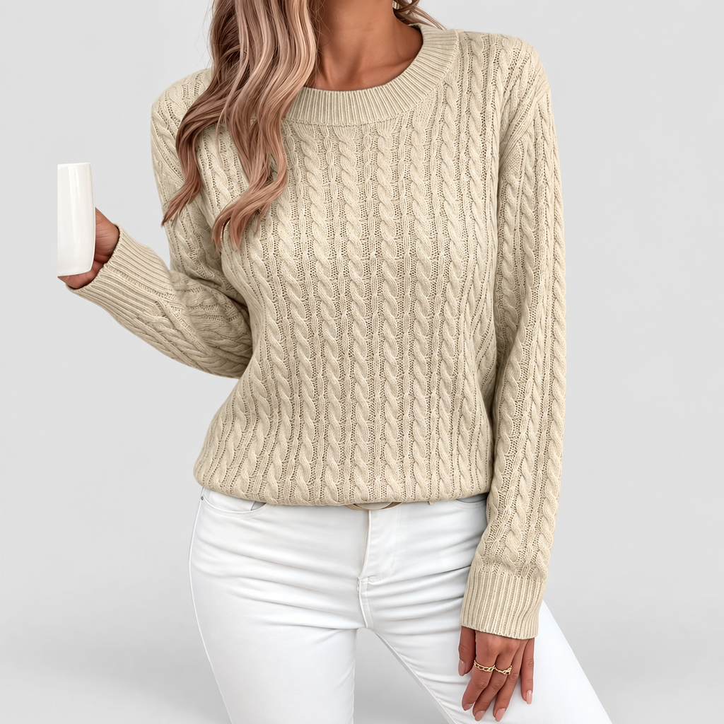 Women's Cable-Knit Crew-Neck Jumper in Khaki — view 8