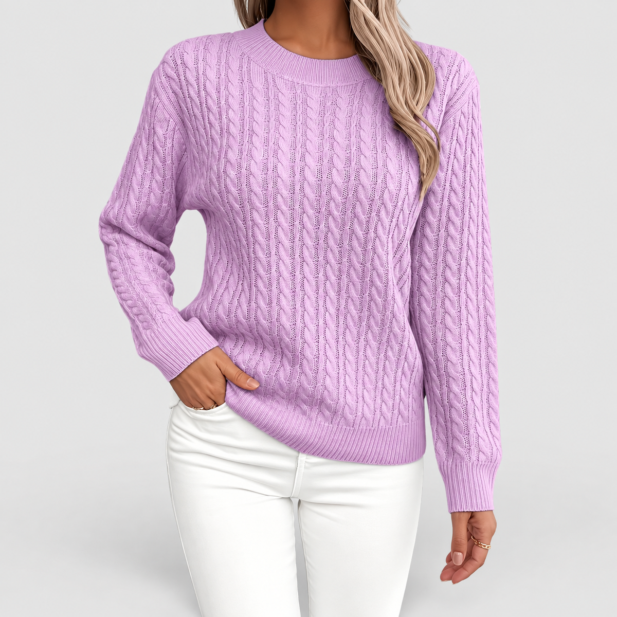 Women's Cable-Knit Crew-Neck Jumper in Purple — view 9