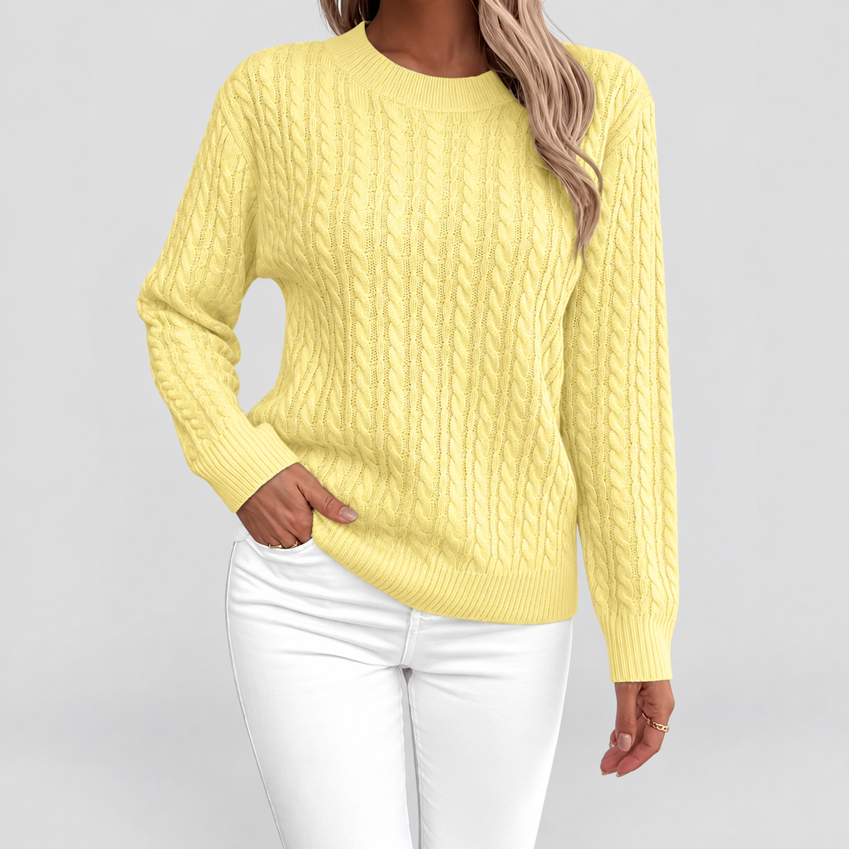 Women's Cable-Knit Crew-Neck Jumper in Yellow — view 11