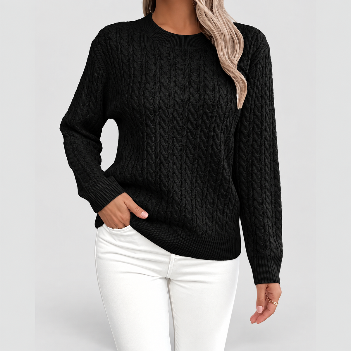 Women's Cable-Knit Crew-Neck Jumper in Black — view 12