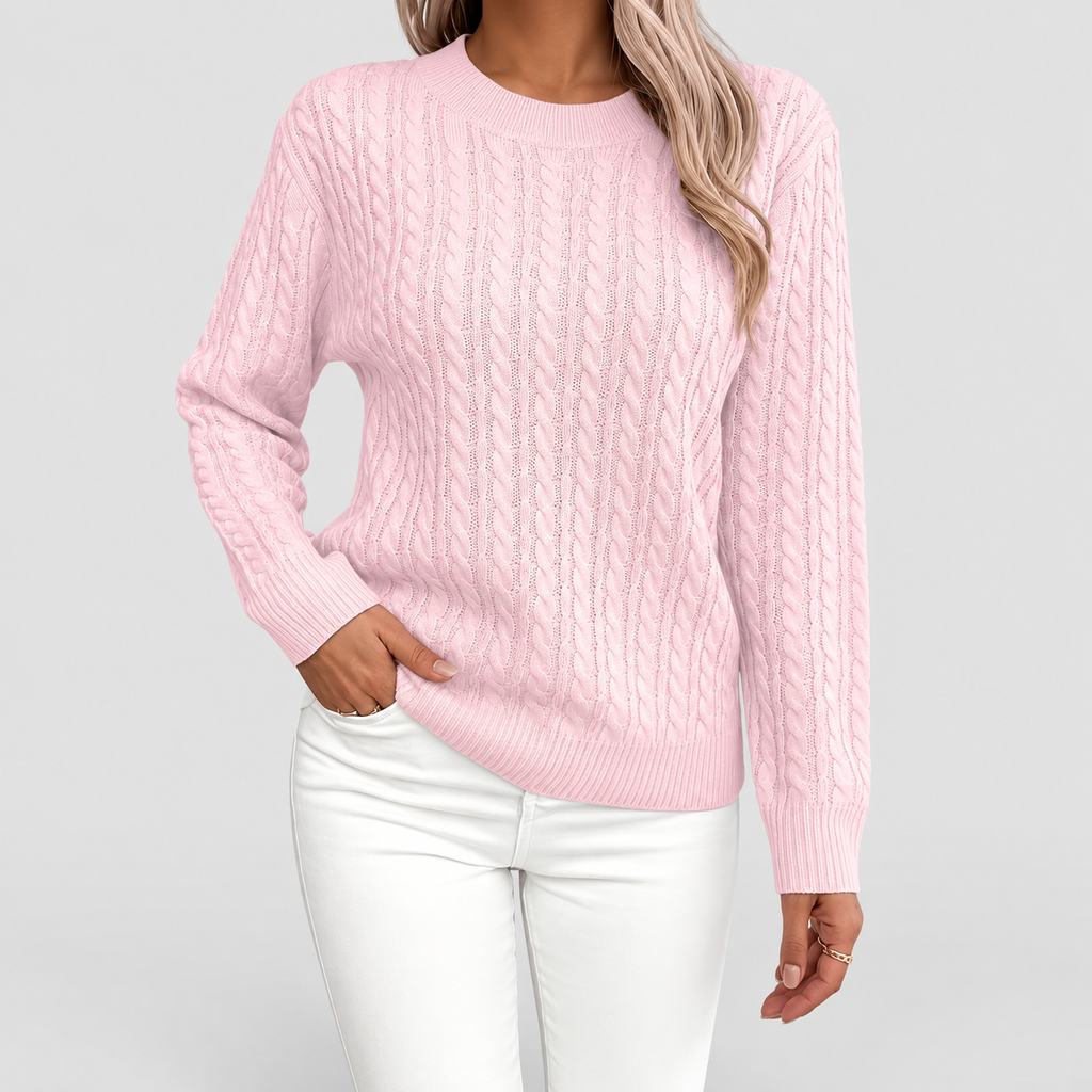 Women's Cable-Knit Crew-Neck Jumper in Pink — view 13