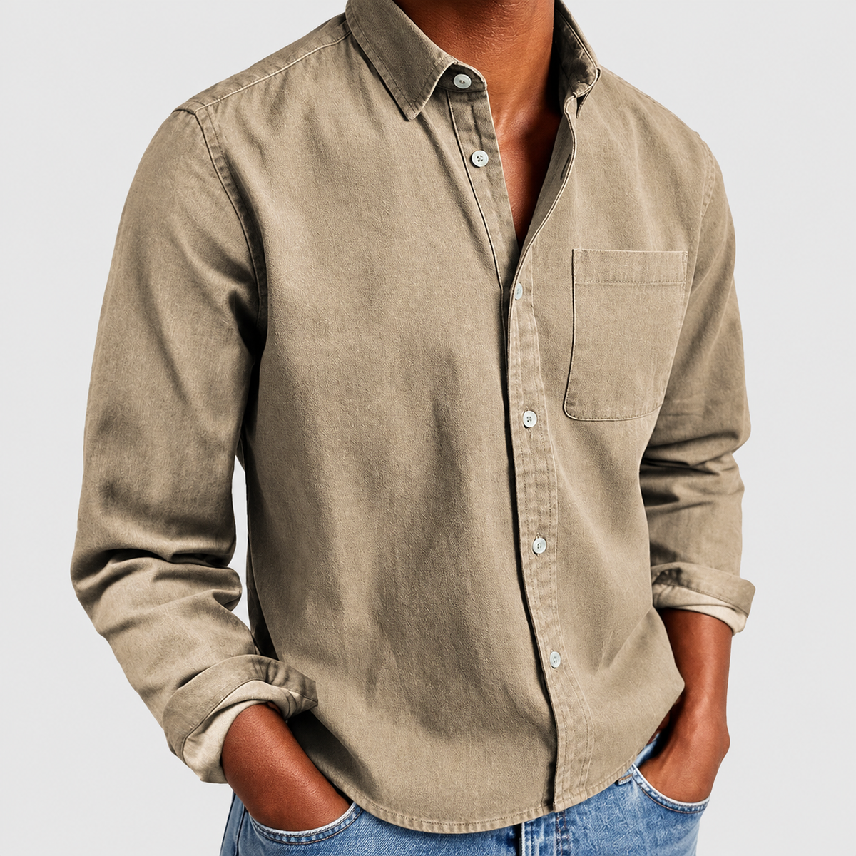 Men's Tailored Cotton-Blend Shirt in Khaki — view 3