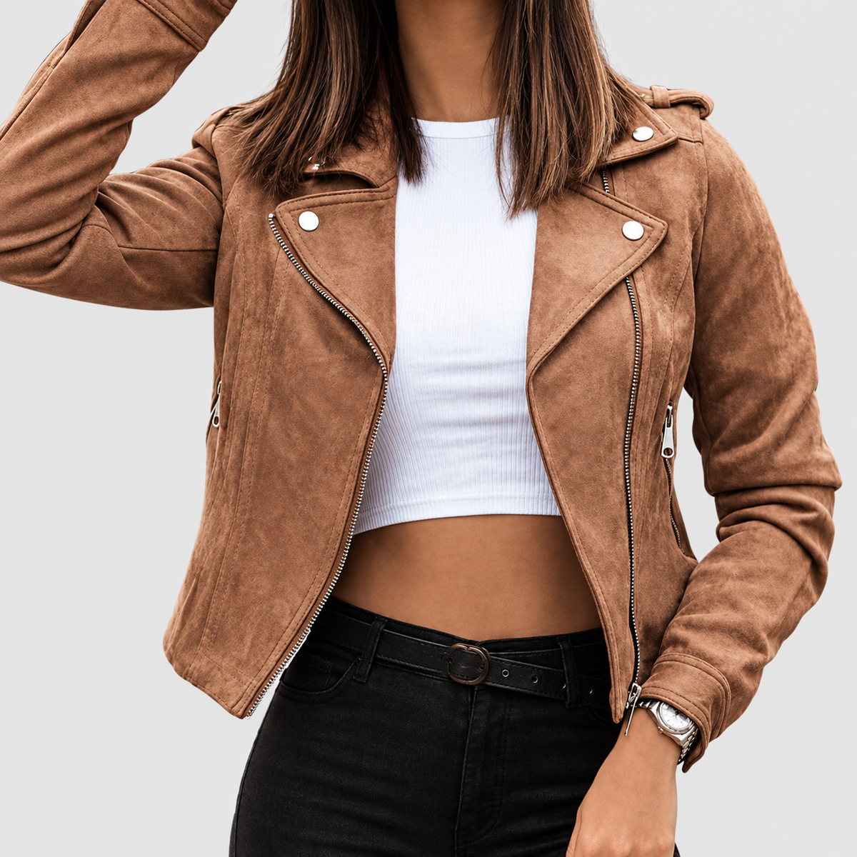 Women's Cropped Suede-Look Biker Jacket with Zip and Lapel Collar in Brown — view 4