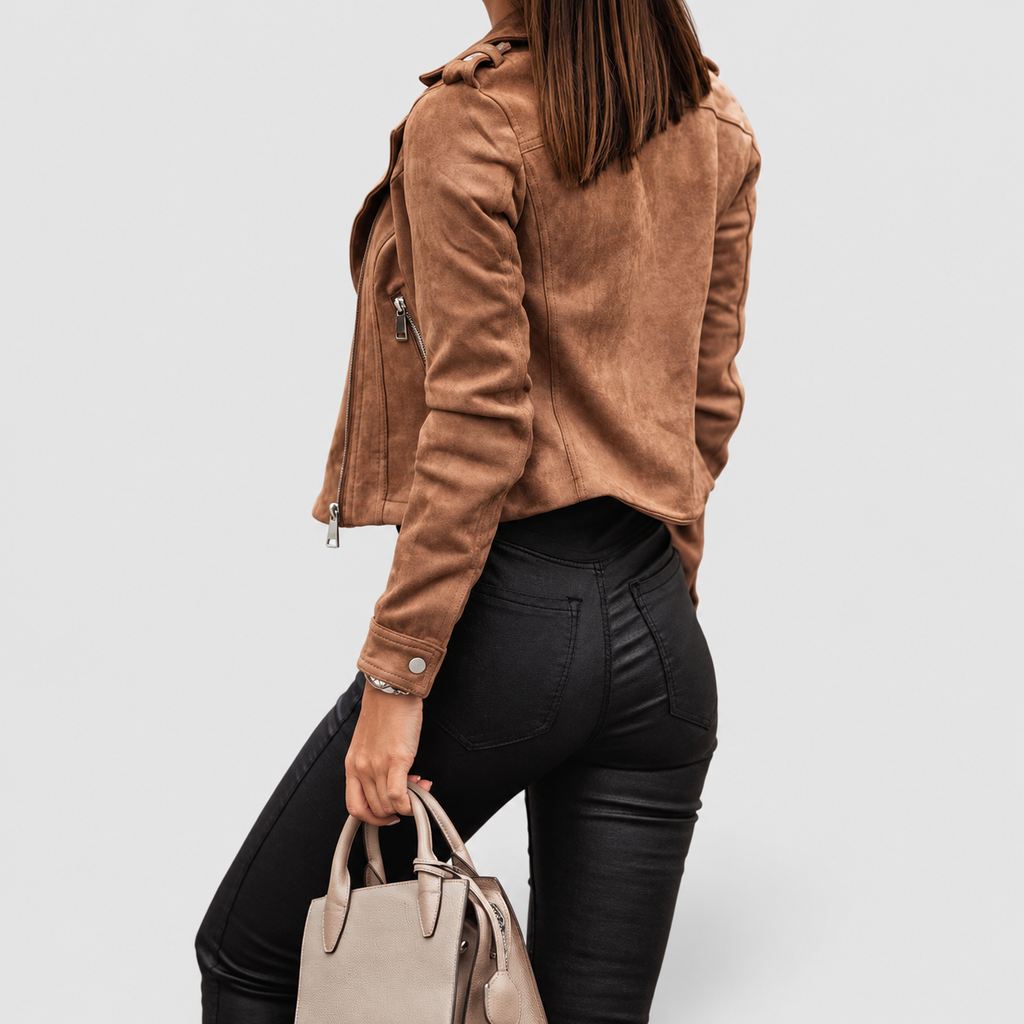 Women's Cropped Suede-Look Biker Jacket with Zip and Lapel Collar — view 5