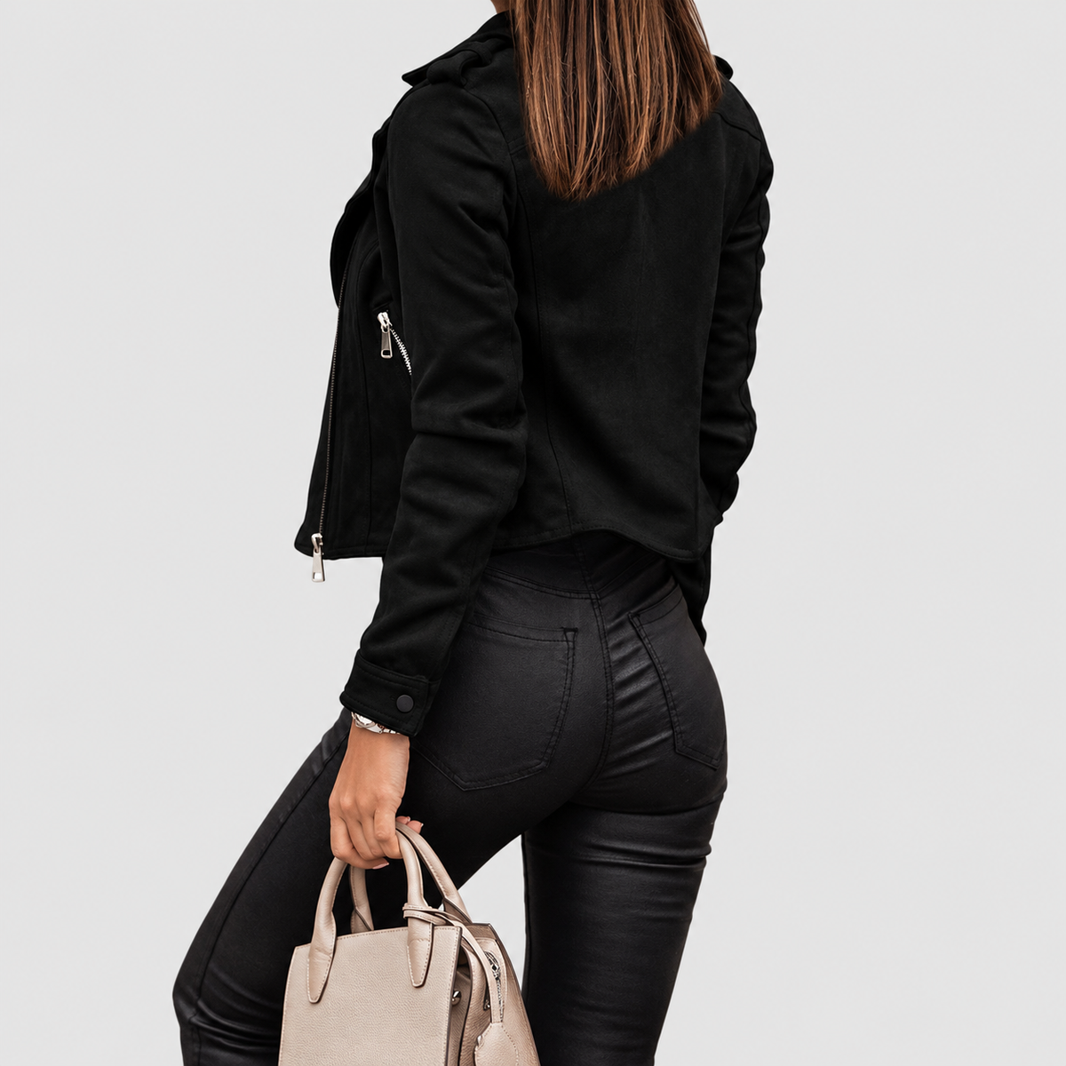 Women's Cropped Suede-Look Biker Jacket with Zip and Lapel Collar — view 7
