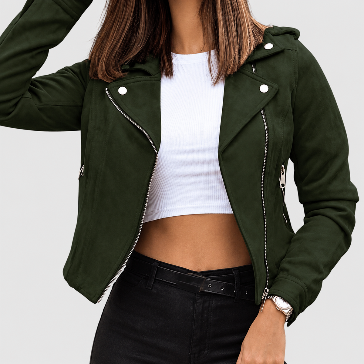 Women's Cropped Suede-Look Biker Jacket with Zip and Lapel Collar in Green — view 8