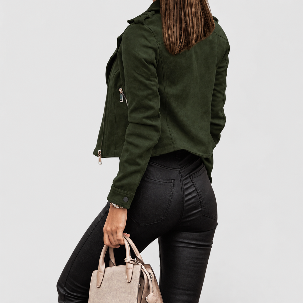 Women's Cropped Suede-Look Biker Jacket with Zip and Lapel Collar — view 9