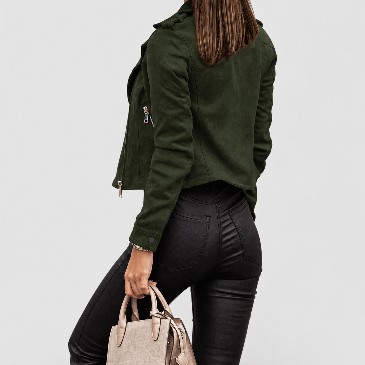 Women's Cropped Suede-Look Biker Jacket with Zip and Lapel Collar — view 9