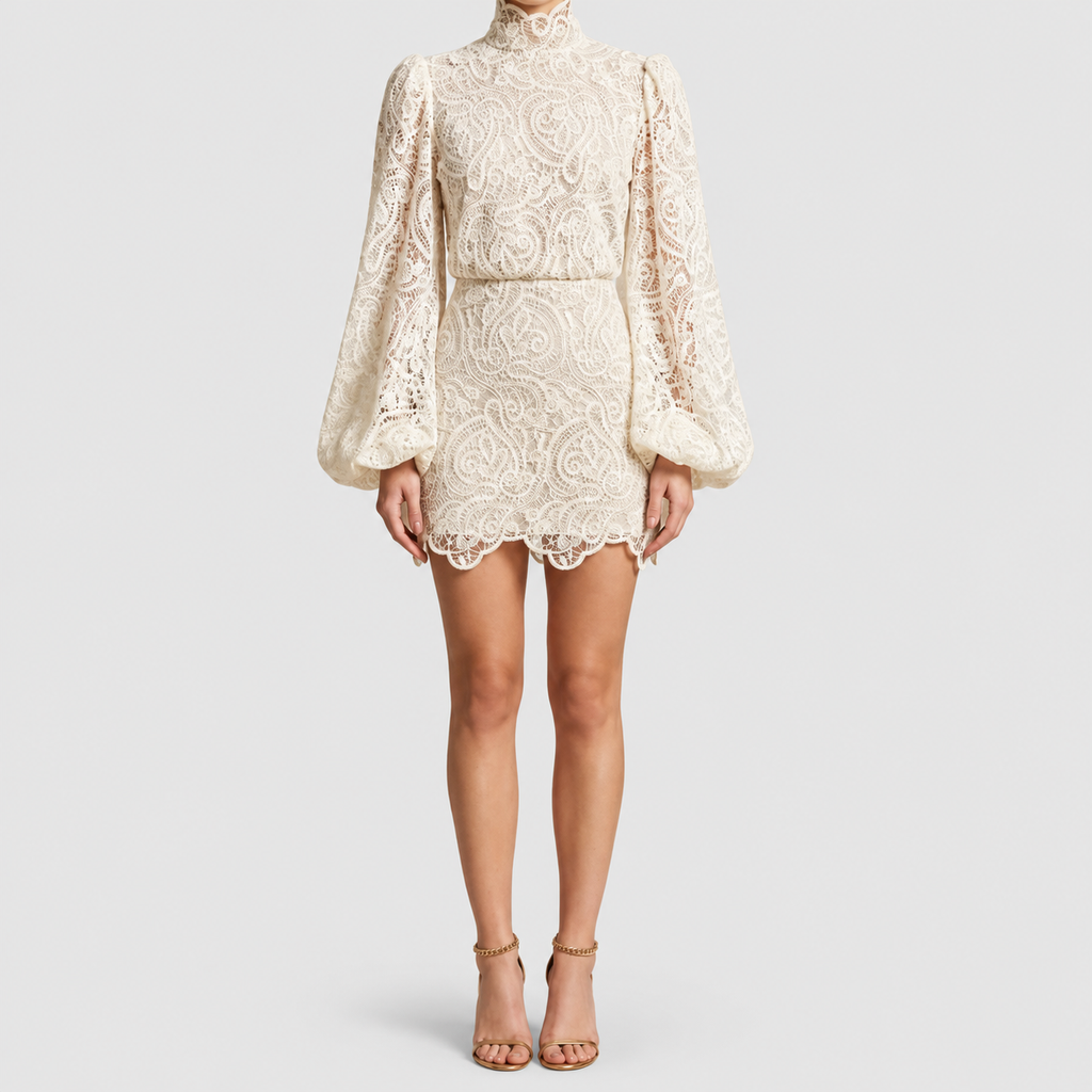 Women's Lace High-Neck Top and Mini Skirt Set in White — view 1