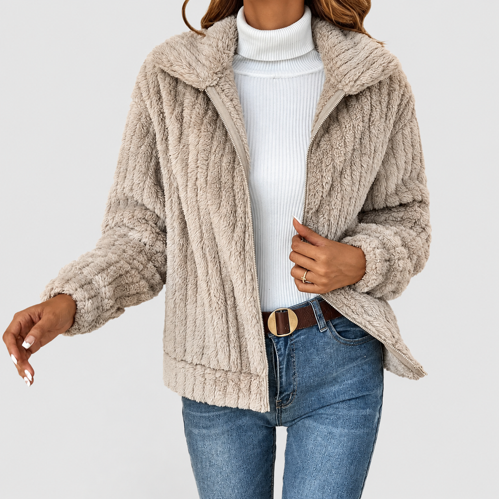 Women's Fuzzy Zip-Up Fleece Jacket with Wide Collar in Apricot — view 1