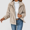 Women's Fuzzy Zip-Up Fleece Jacket with Wide Collar in Apricot — view 1