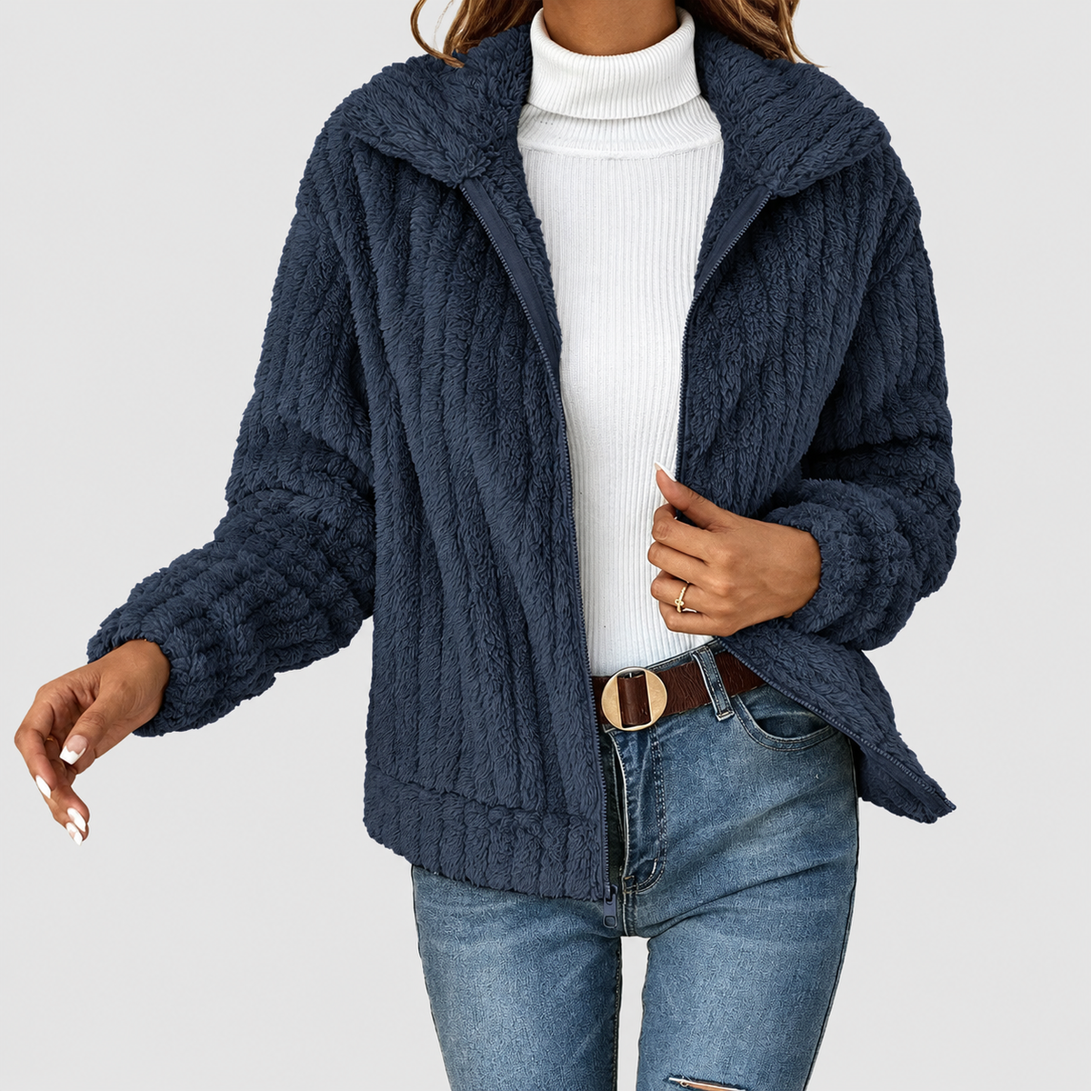 Women's Fuzzy Zip-Up Fleece Jacket with Wide Collar in Navy Blue — view 2