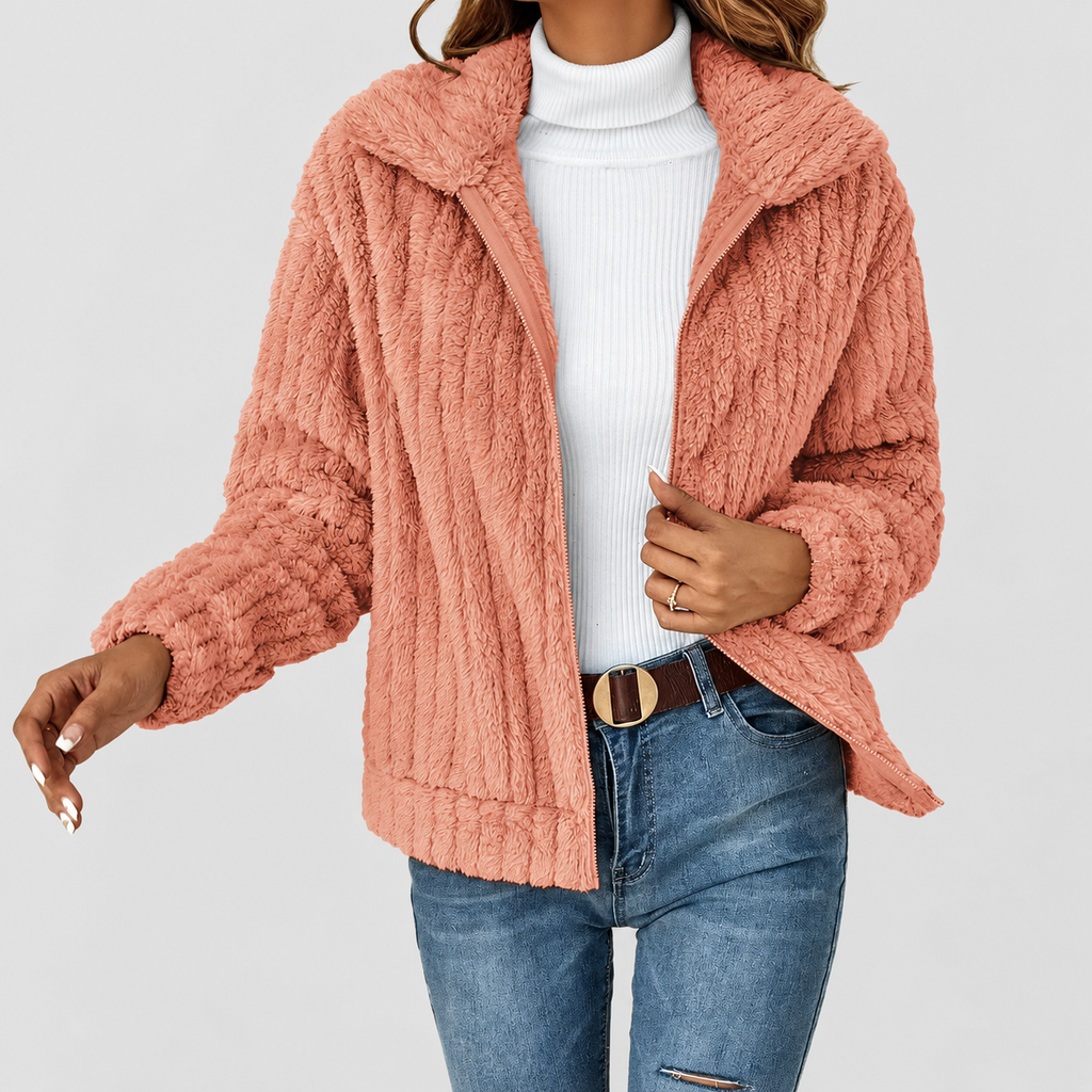 Women's Fuzzy Zip-Up Fleece Jacket with Wide Collar in Pink — view 4