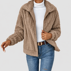 Women's Fuzzy Zip-Up Fleece Jacket with Wide Collar in Khaki — view 5