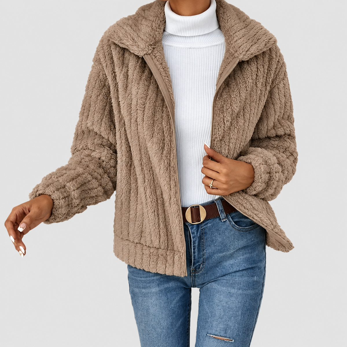 Women's Fuzzy Zip-Up Fleece Jacket with Wide Collar in Khaki — view 5