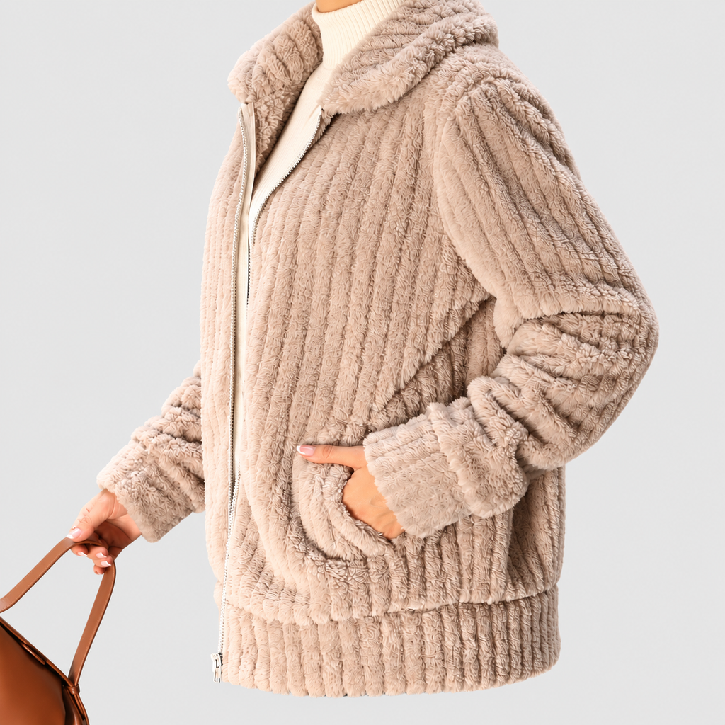 Women's Fuzzy Zip-Up Fleece Jacket with Wide Collar — view 7