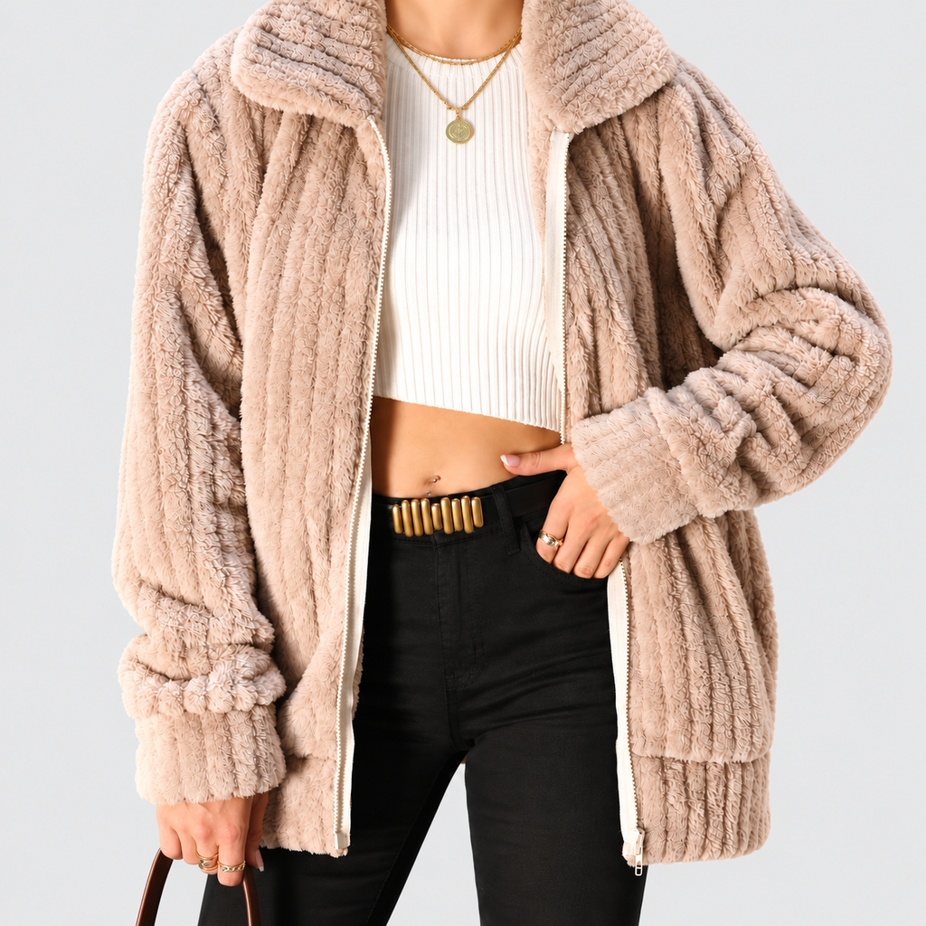 Women's Fuzzy Zip-Up Fleece Jacket with Wide Collar — view 9