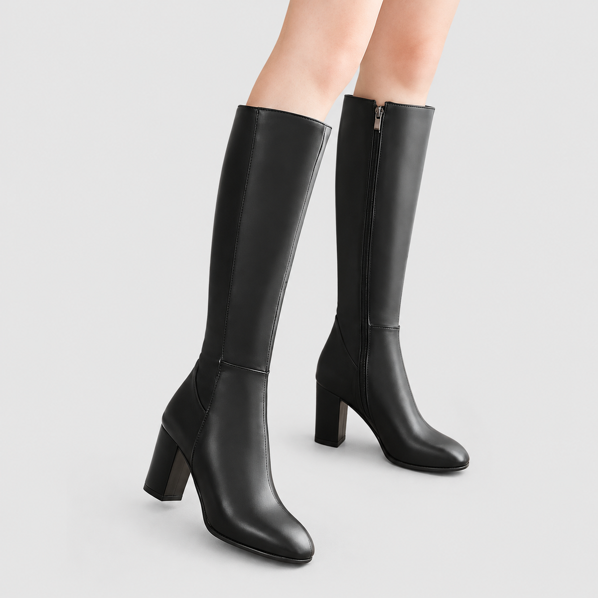 Women's Square-Toe Block-Heel Faux Leather Knee-High Boots — view 1