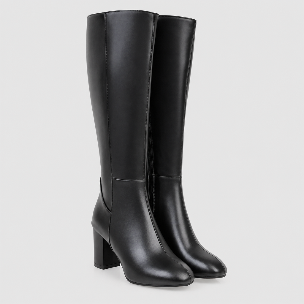 Women's Square-Toe Block-Heel Faux Leather Knee-High Boots in Black — view 2
