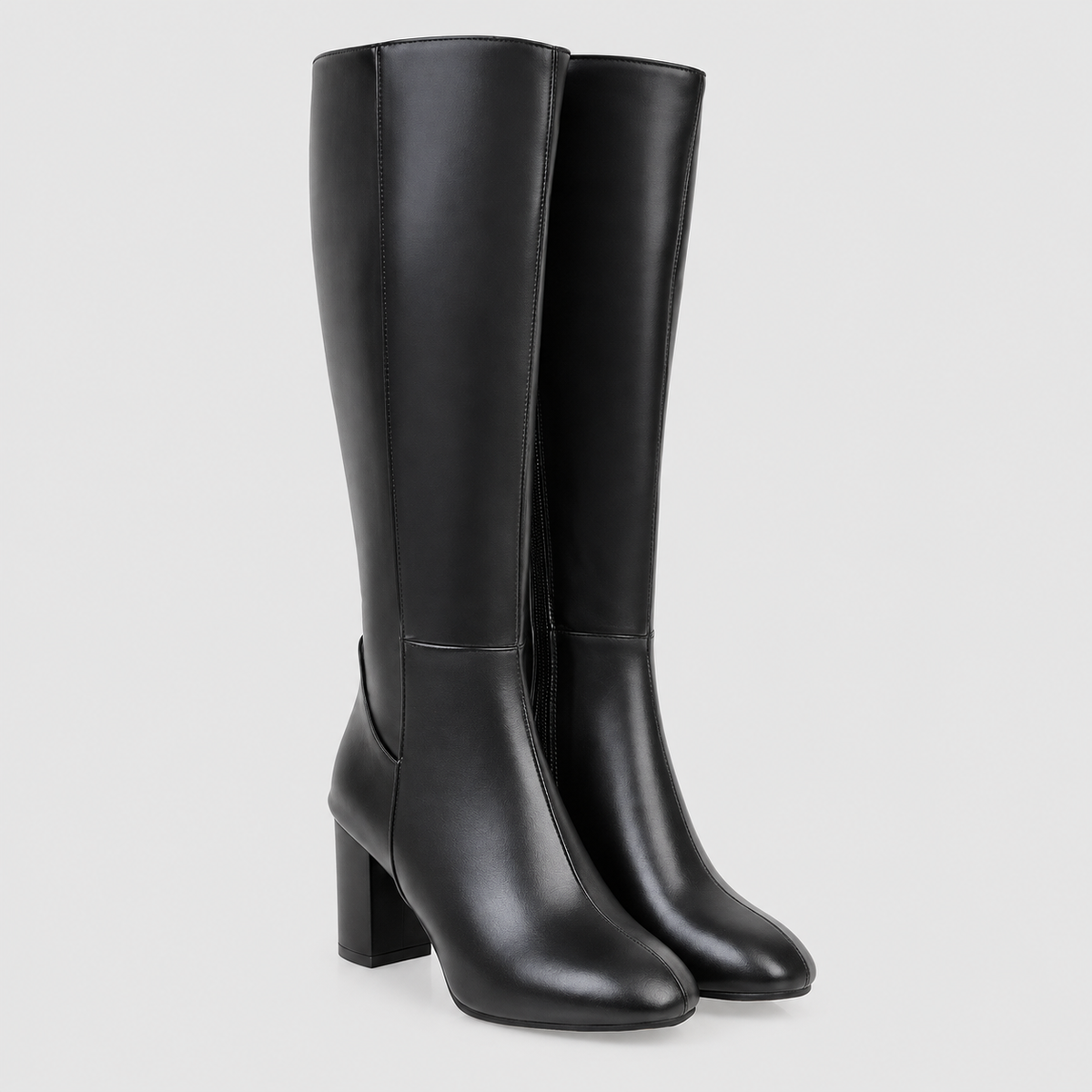 Women's Square-Toe Block-Heel Faux Leather Knee-High Boots in Black — view 2