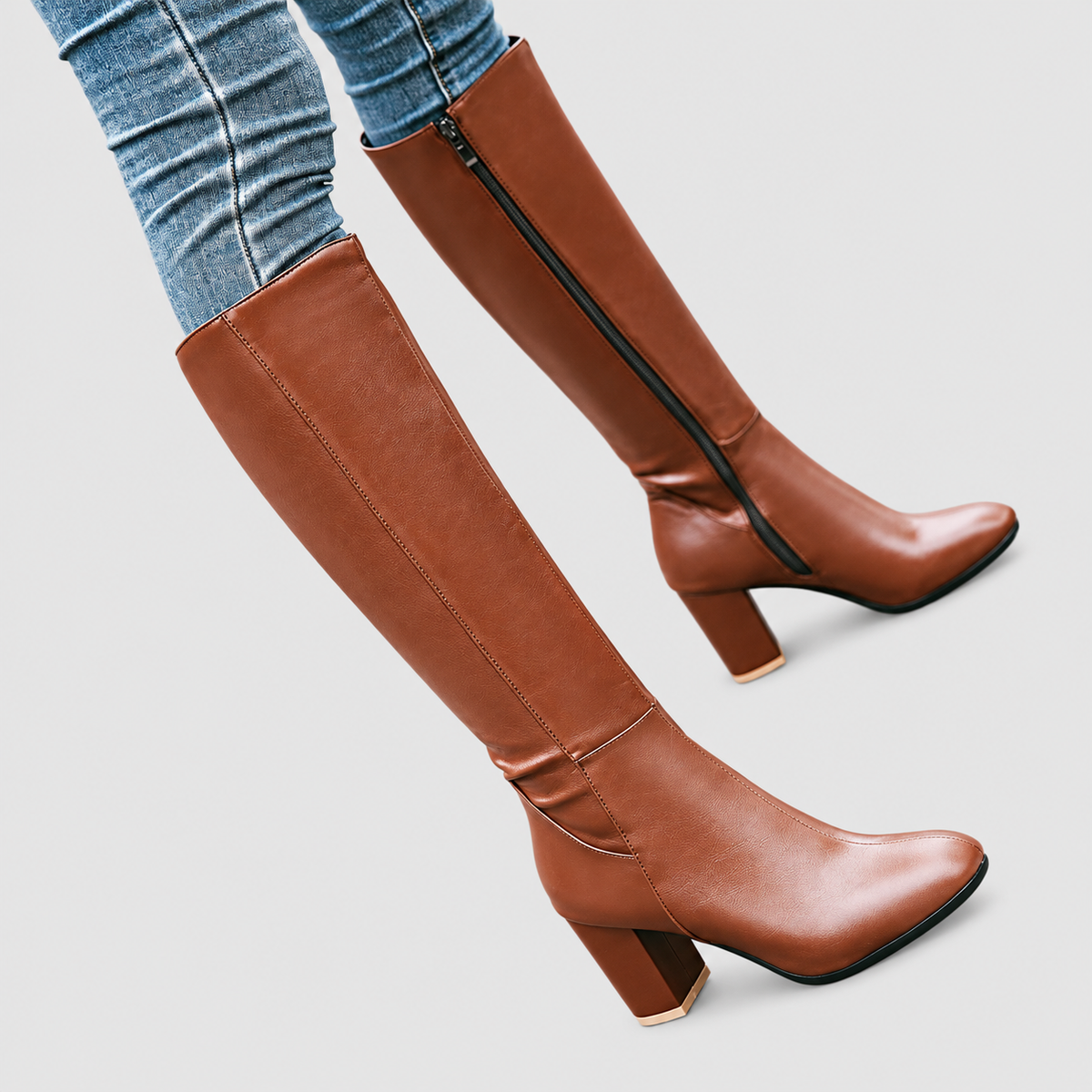 Women's Square-Toe Block-Heel Faux Leather Knee-High Boots — view 3
