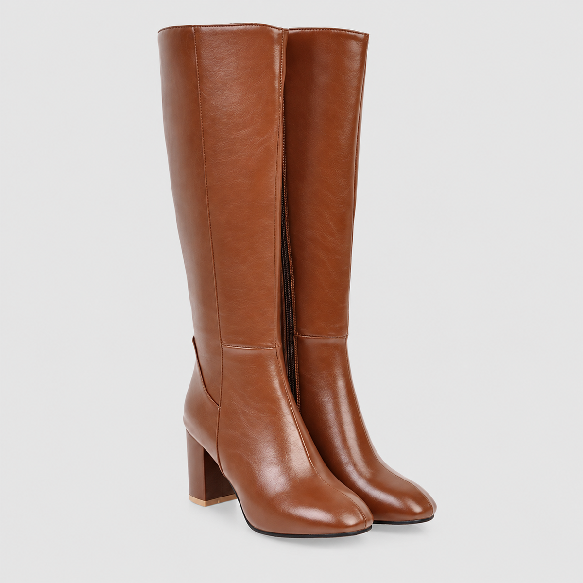 Women's Square-Toe Block-Heel Faux Leather Knee-High Boots in Brown — view 4