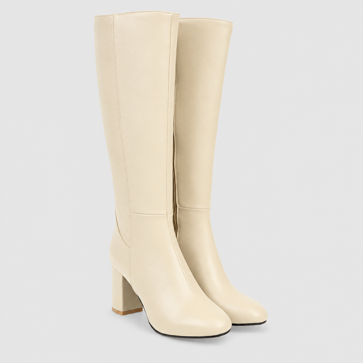 Women's Square-Toe Block-Heel Faux Leather Knee-High Boots in Beige — view 6