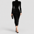 Women's High-Neck Long-Sleeve Midi Dress in Black — view 1