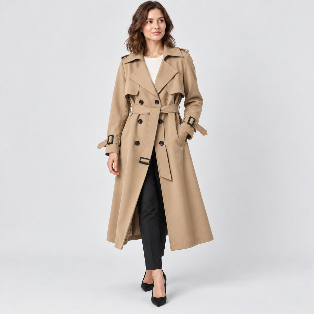 Charlotte Double-Breasted Belted Trench Coat in beige, studio view