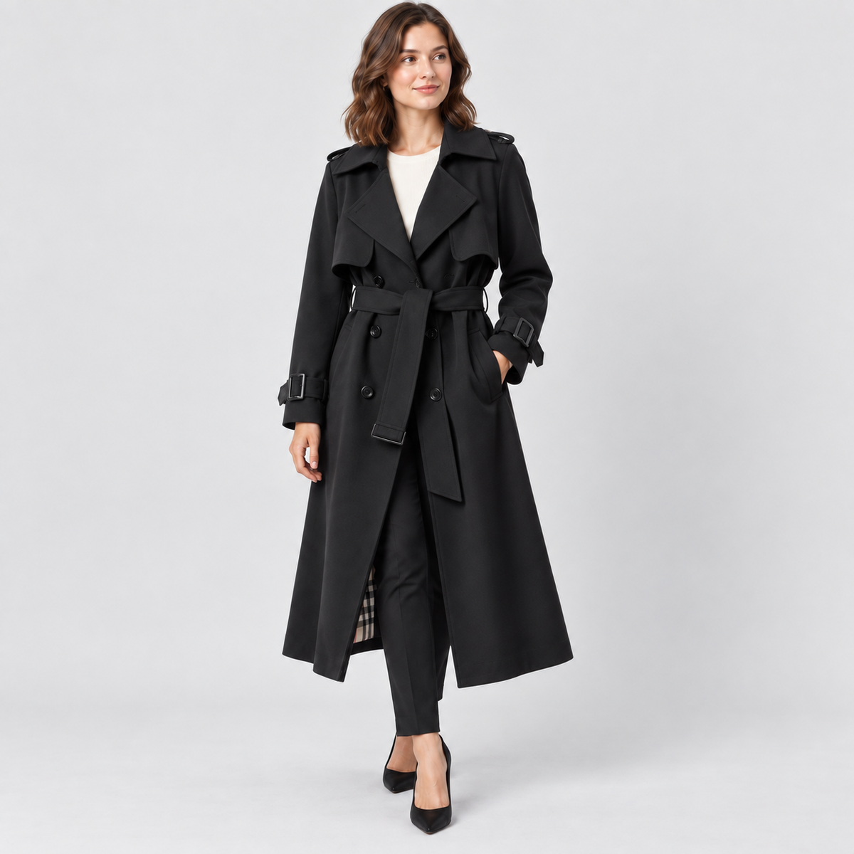 Charlotte Double-Breasted Belted Trench Coat in black, studio view
