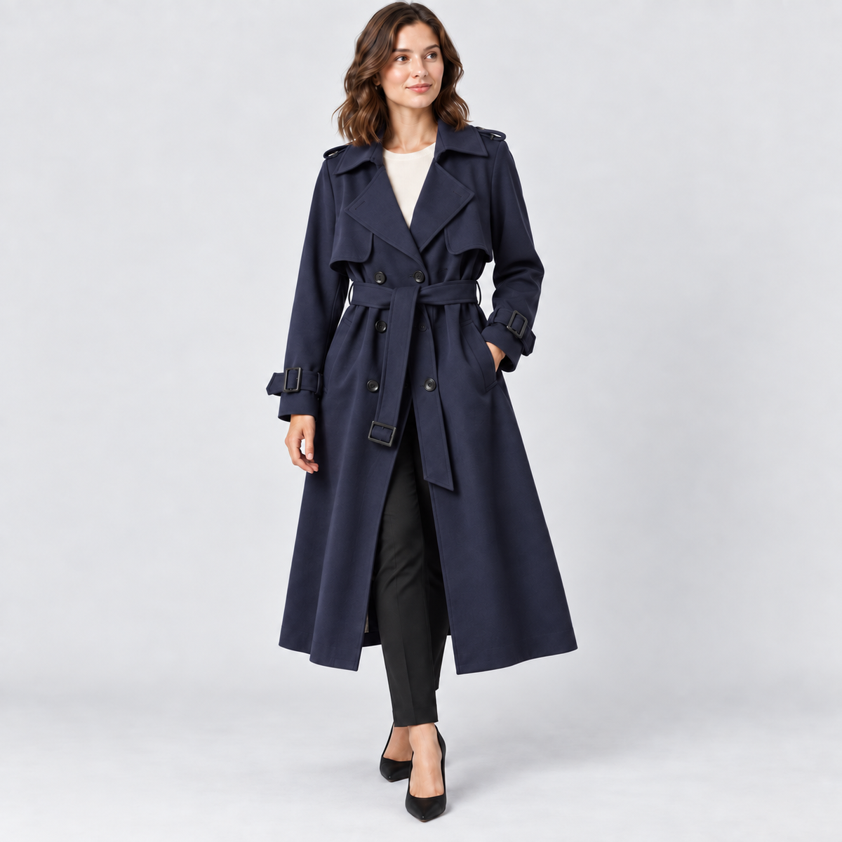 Charlotte Double-Breasted Belted Trench Coat in navy blue, front view