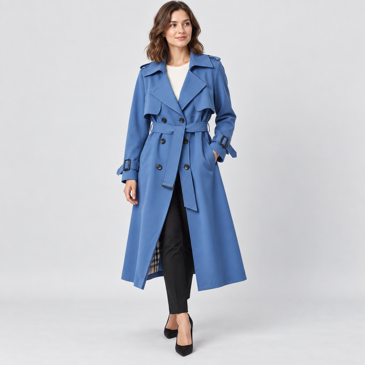 Charlotte Double-Breasted Belted Trench Coat in blue, studio view