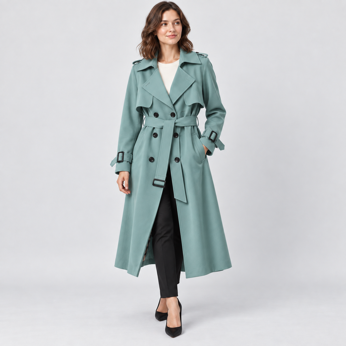 Charlotte Double-Breasted Belted Trench Coat in green, studio view