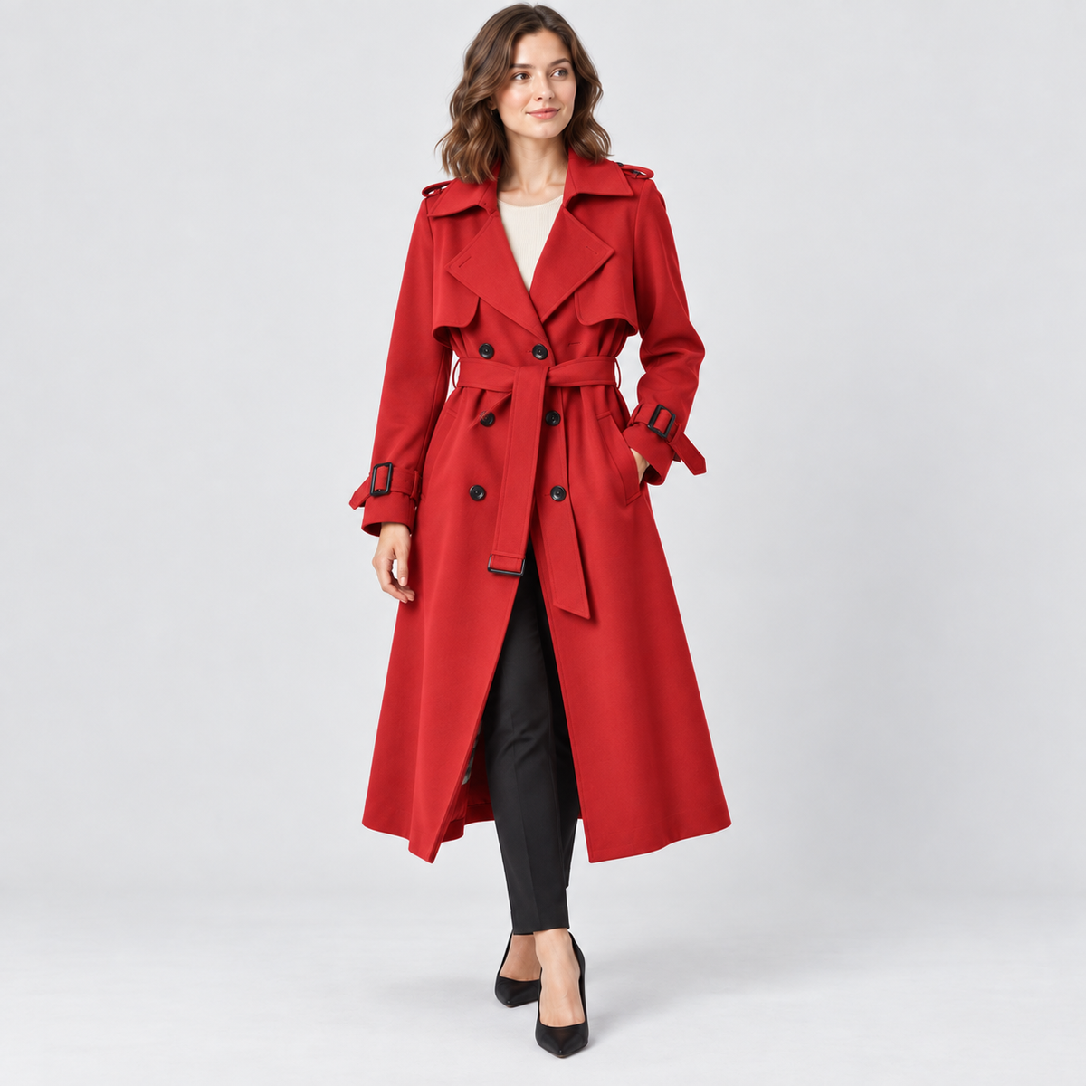 Charlotte Double-Breasted Belted Trench Coat in red, studio view