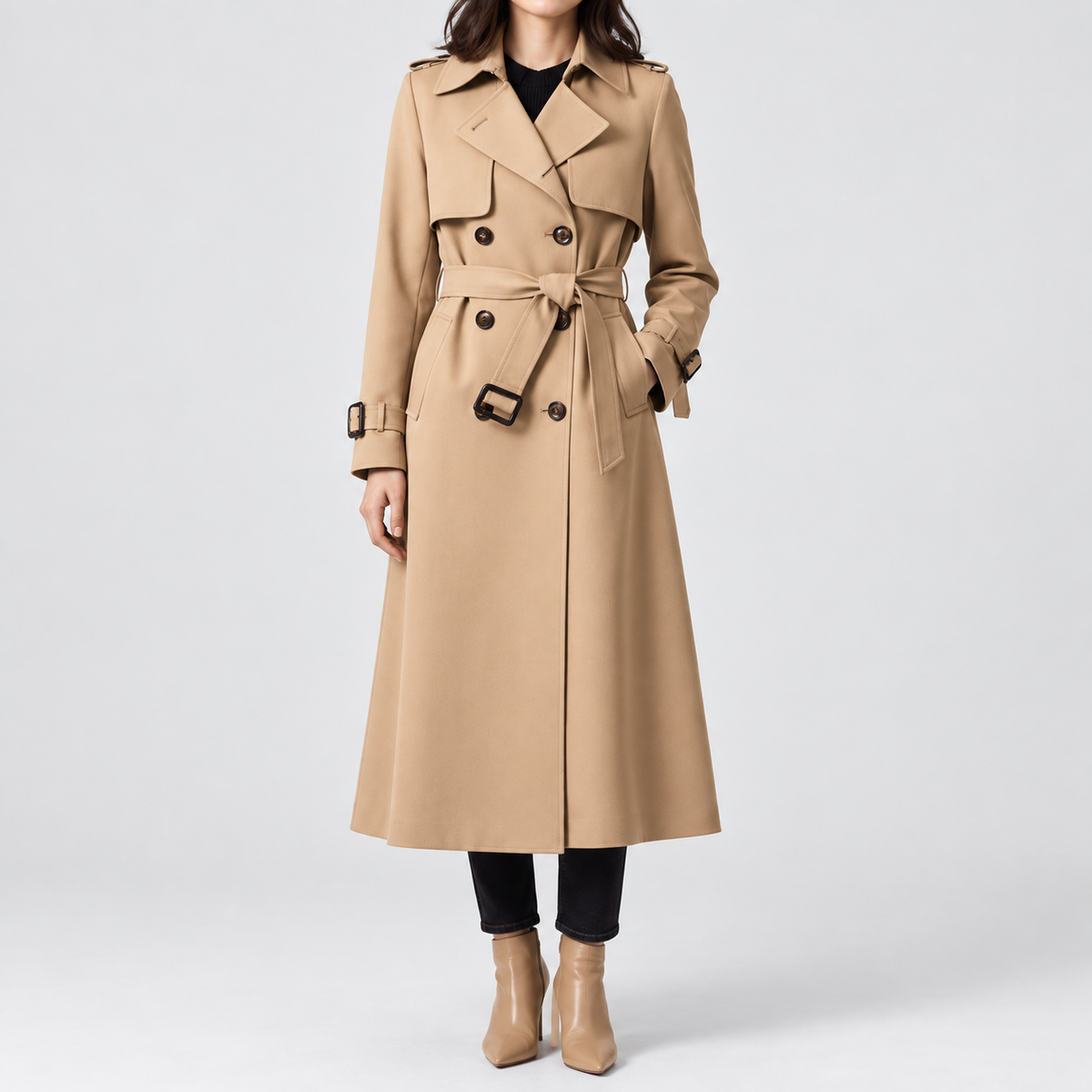 Charlotte Double-Breasted Belted Trench Coat in beige, studio view