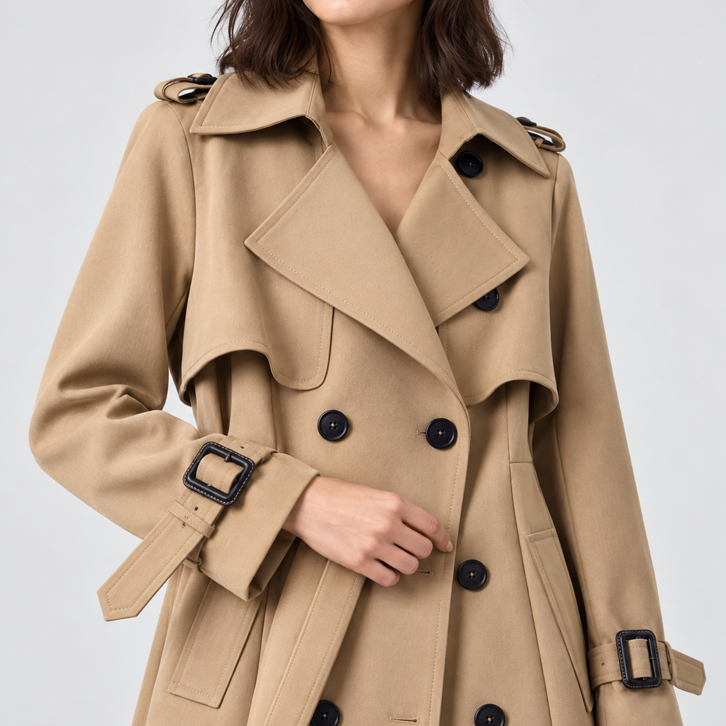 Charlotte Double-Breasted Belted Trench Coat in beige, studio view